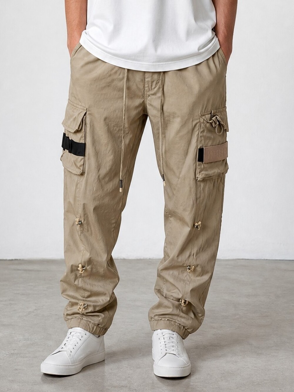 Men's Beige Cargo Joggers with Utility Pockets